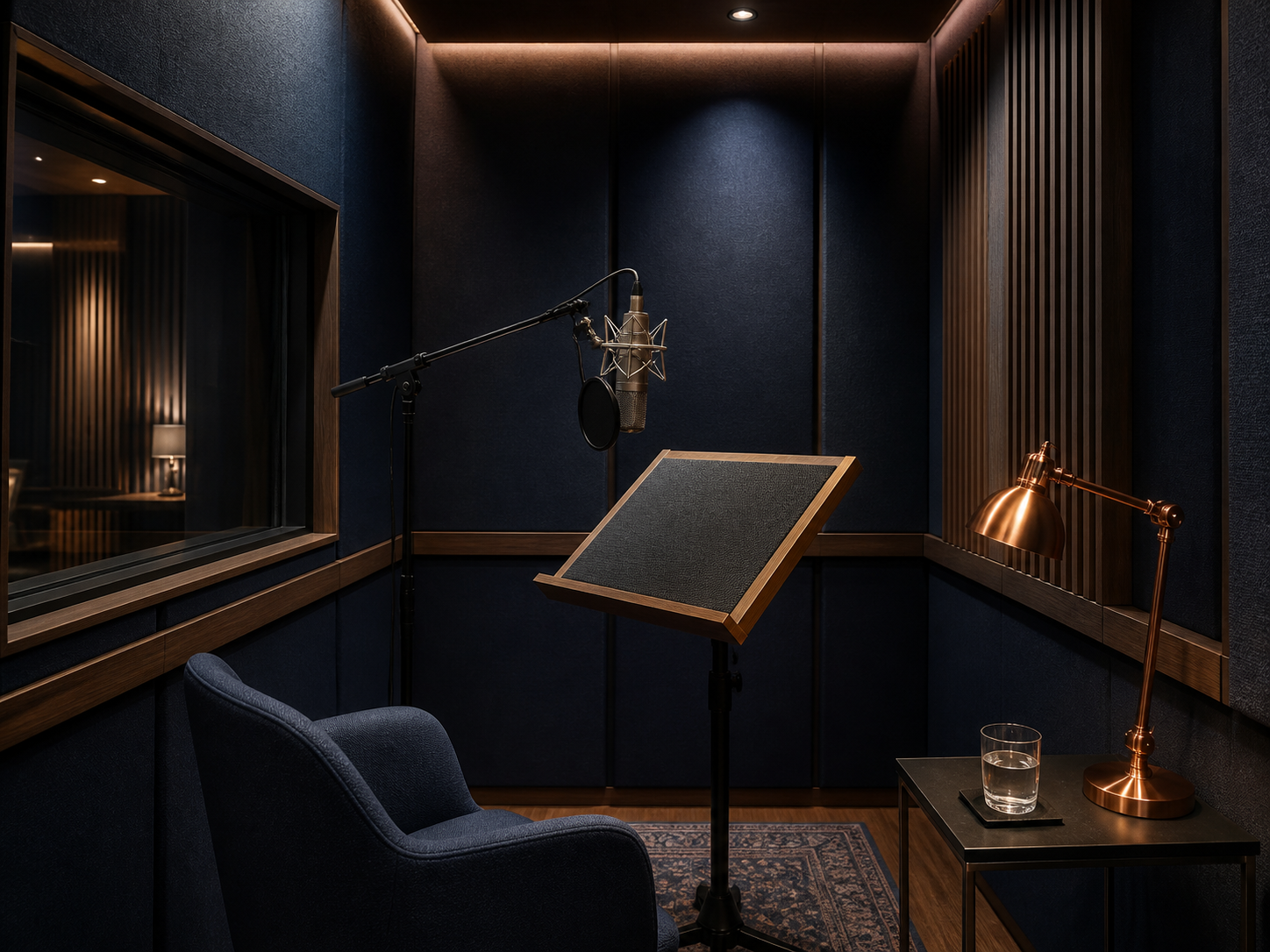 Cabine de narration bleu nuit et cuivre